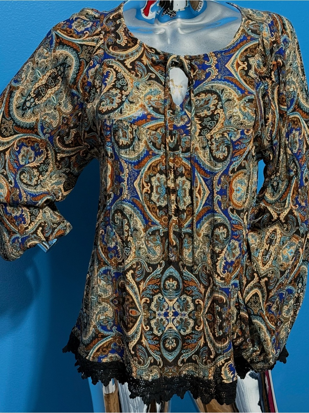 Altar'd State Blue and Brown Paisley Lace-Trim Tunic